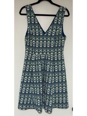 Maeve Dress Women’s Blue Green Geometric V Neck Fit & Flare Cutout Dress Sz 14